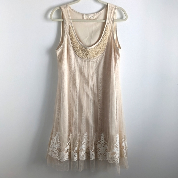 CREAM Slip Dress with Mesh and Lace Overlay M Coquette Lingerie Style - Picture 1 of 12